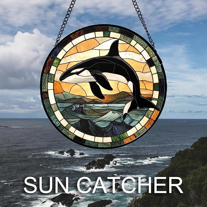 Stained Glass Window Hanging Ocean Wave Killer Whale 6.3" - Suncatcher Door Garden Sunroom Sun Catcher Home Decor Birthday Christmas for Mom Men Woman Nana