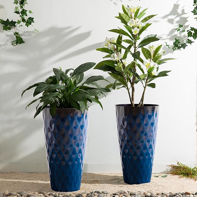 Glitzhome 23.75" H Tall Planter, Set of 2 Wavy Texture Cobalt Blue Large Tall Outdoor Planters, with Drainage Hole, Plastic Large Round Decorative Flower Plant Pot for Indoor, Front Porch