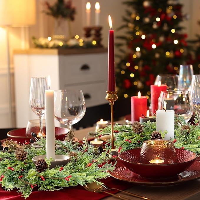 8 Pcs Artificial Christmas Candle Rings 9 Inch Cedar Pine Garland Wreaths with Red Berries Pinecones Wreaths Pine Needles Candle Ring Holder for Christmas Winter Decorations Table Centerpiece