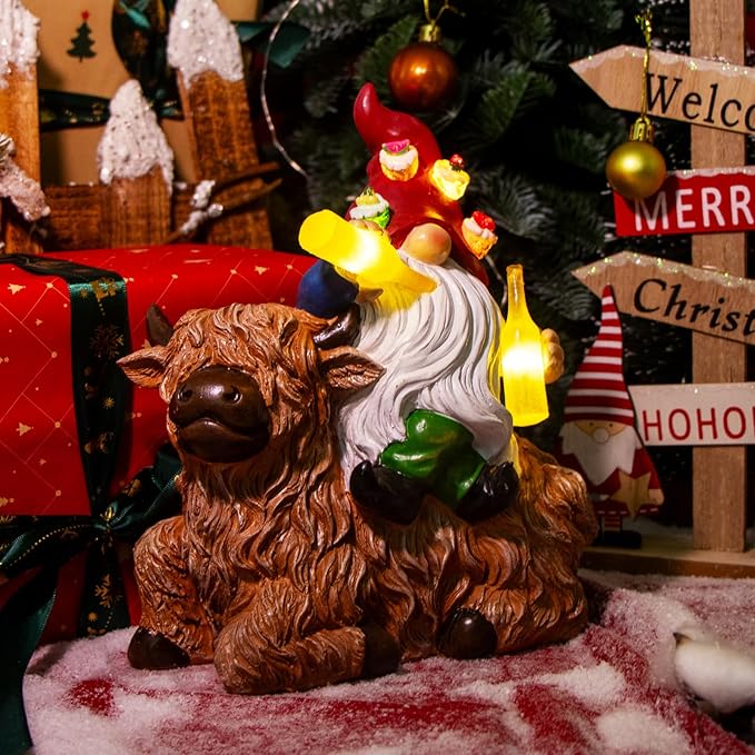 DKJOCKY Birthday Gifts for Women,Funny Garden Gnomes with Highland Cow Statues Decorations for Yard, Gnomes with Solar Lights Garden Decor, Friendships Birthday Gifts for Women Mom Unique
