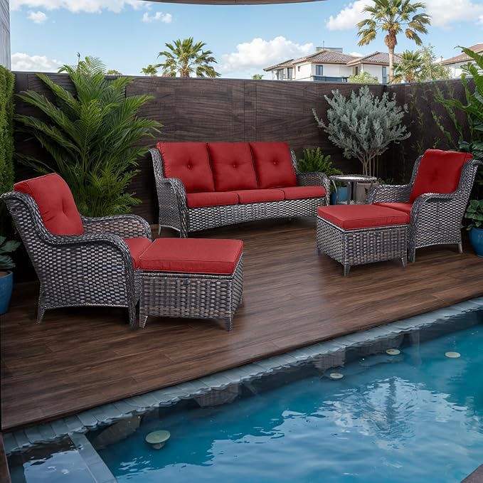 HUMMUH 6 Pieces Patio Furniture Set Wicker Patio Chairs Set of 2 with Sofa Ottomans Side Table Outdoor Furniture Conversation Set for Yard,Garden,Porch
