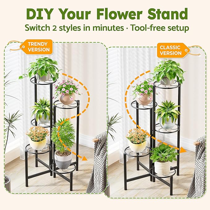 NQW Corner Plant Stand Indoor Outdoor Tall Metal Flower Pot Stands for Multiple Plants 5 Tier Heavy Duty Plant Shelf for Patio Garden Balcony Living Room Bedroom Black Kite