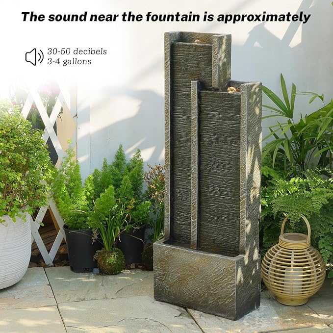 35.4" H Modern Indoor Outdoor Waterfall Fountain with Gentle Sound, Resin Garden Water Fountain Outdoor with Lights, Black Stream Panel Floor-Standing Garden Feature for Patio, Balcony, or Home Decor
