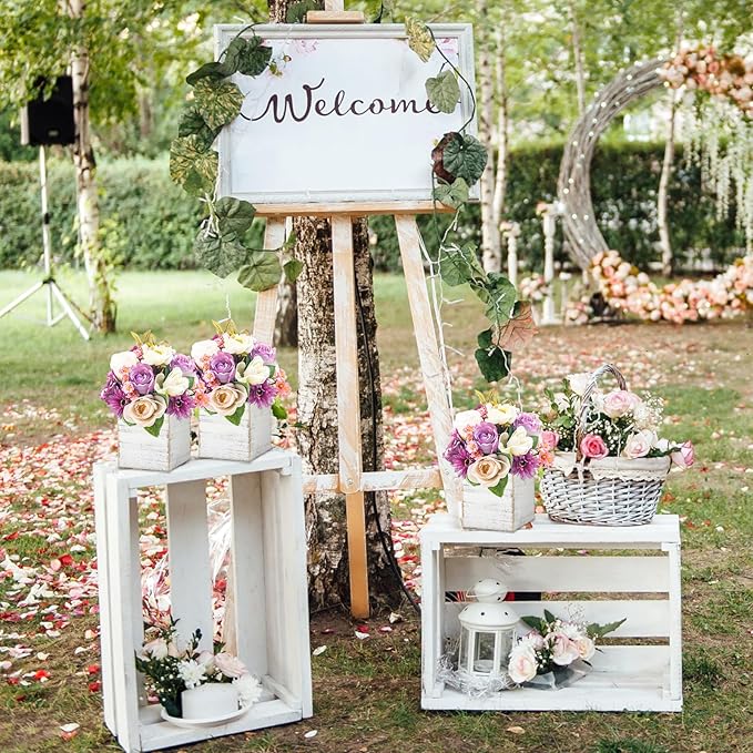 Dandat 24 Sets Wooden Cube Planter Boxes for Centerpiece 4 Inch Flower White Wood Rustic Square Vase with Removable Plastic Liner Floral Foam Block for Garden Wedding Home Arrangement Decor