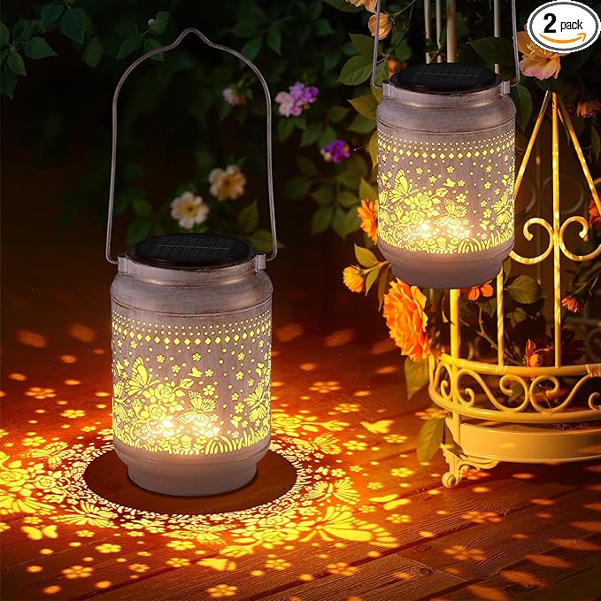 KOOPER Solar Lanterns Outdoor Waterproof Birthday Gifts for Women Mom Grandma, 2 Pack Upgraded Hummingbird Hanging Solar Lantern Lights Outdoor, Metal Outdoor Decoration for Yard (Butterfly and Rose)