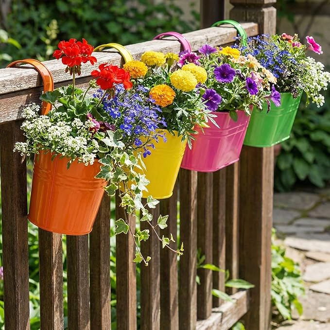 Romooa 16 Pcs Hanging Flower Pots Planters for Outdoor Metal Iron Wall Flower Planter Baskets for Railing Fence Balcony Garden Yard Home Indoor Decoration with Detachable Hooks (Colorful)