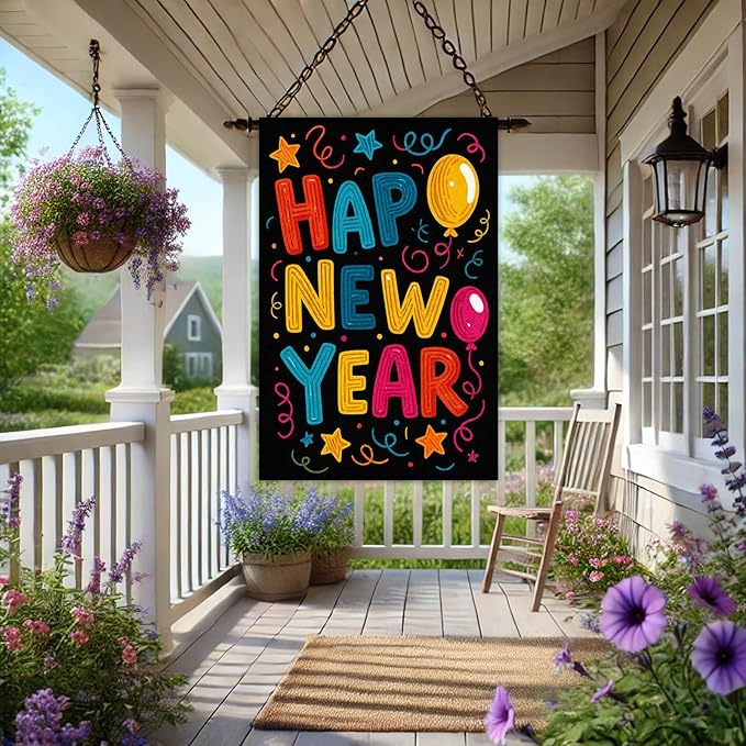 Happy New Year House Flag 28x40 Inch Double Sided Garden Flag Colorful Balloons Stars and Confetti Design Winter Holiday Yard Banner Large Outdoor Flag for Porch Lawn Home Decoration