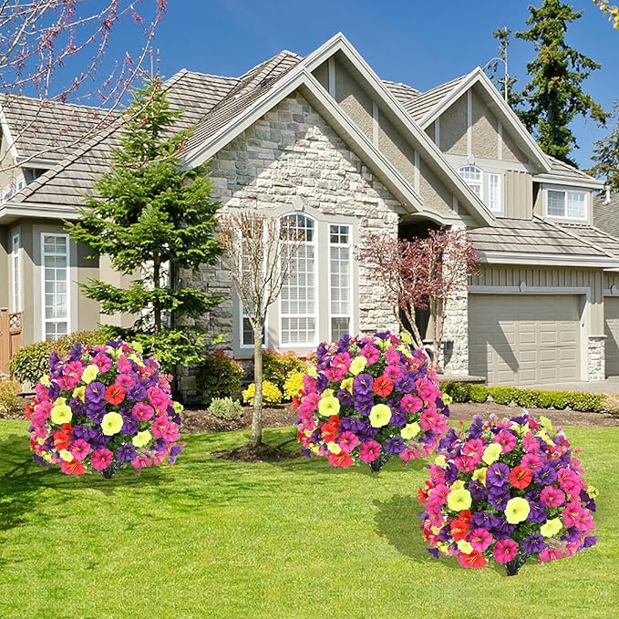 ENVEN Artificial Topiary Ball Tree Outdoor Plants with Ground Spike 22"- UV Resistant Faux Shrubs, Eucalyptus Fake Plants for Indoor & Garden, Yard, Porch, Patio Decor (Mixed Color Morning Glory)