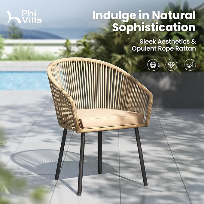 PHI VILLA Patio Wicker Chairs Set of 4, Outdoor Modern Brown Rope Rattan Chairs with Metal Legs & Cushions, Outside Dining Bistro Furniture for Deck, Porch, Backyard