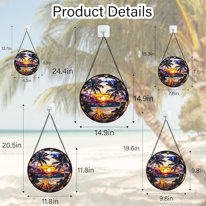 DASTOLL Stained Glass Window Hanging,Bonfire Beach Landscape Suncatcher Diamond Glass Panel Sun Catchers Decor for Birthday for Women, Men, Wife, Aunt, and Mom 14.9x14.9 in
