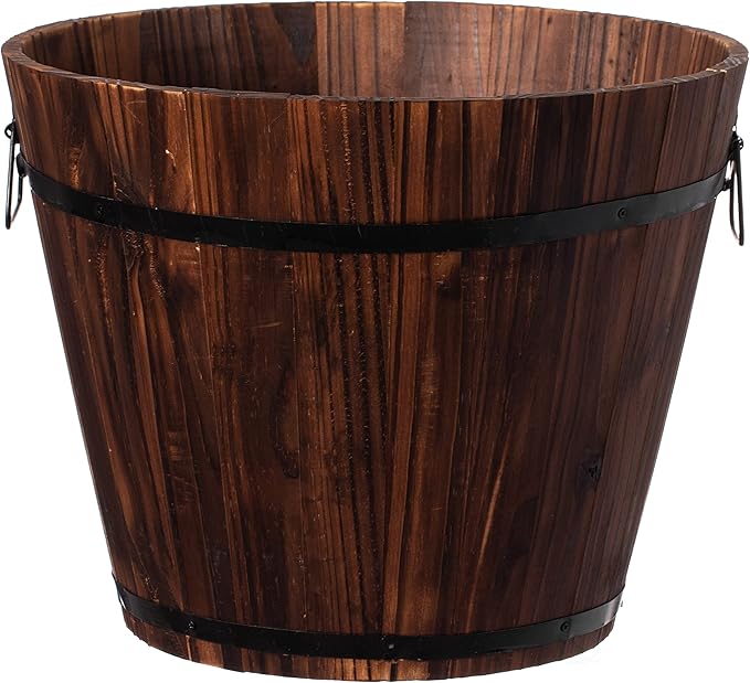 Rustic Wooden Whiskey Barrel Planter with Durable Medal Handles and Drainage Hole - Perfect for Indoor and Outdoor Plants, Herbs, and Vegetables - Large