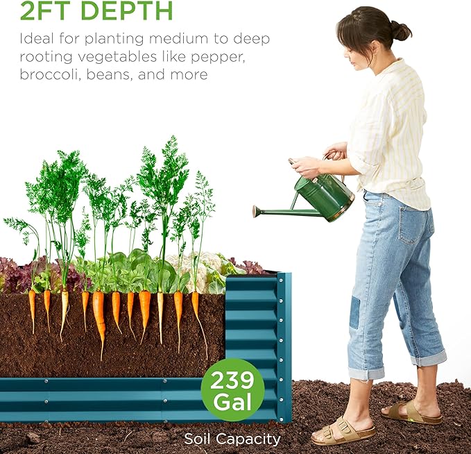 Best Choice Products 8x2x2ft Raised Outdoor Metal Garden Bed, Rectangular Planter Box for Herbs, Flowers, and Deep Root Vegetables w/ 240 Gallon Capacity - Peacock Blue