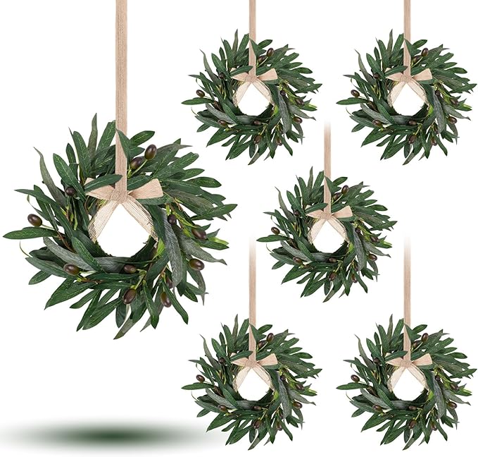 6 Pcs Artificial Green Olive Wreaths Greenery Wreath with Olive Leaves Mini Green Kitchen Cabinet Wreaths Swag Spring Summer Wreath for Front Door Porch Wall Window Farmhouse Wedding Decoration