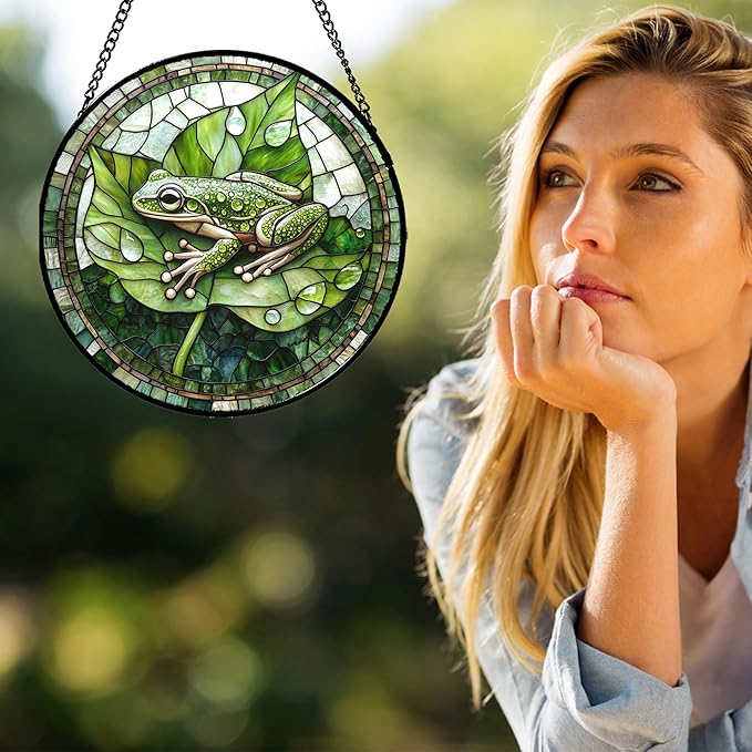 Stained Glass Window Hanging - Cute Frog Suncatcher for Doors Garden Patio Green Leaves Sun Catchers Decor Christmas Mother's Day Birthday Gifts for Women Men Mom Nana Boy Friend 11.8 in