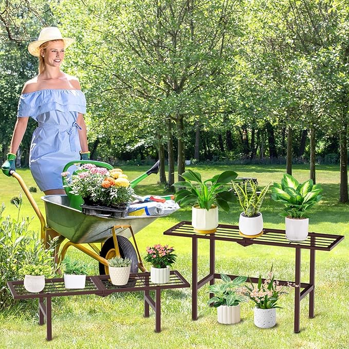 jsyonii 2 Tier Plant Stand Indoor Outdoor, Foldable Metal Ladder Plant Stands,Heavy Duty Tall Plant Shelf Flower Pot Holder Display Shelving for Garden Living Room Patio,Brown
