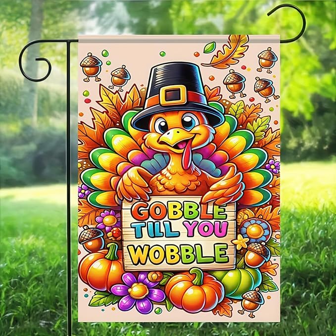 Happy Thanksgiving Garden Flag 12 x 18 Thankful Harvest Holiday Thanksgiving Gobble Turkey Garden Flag Decorative Fall Autumn Pumpkin Flag Outdoor Decorative House Turkey Banner