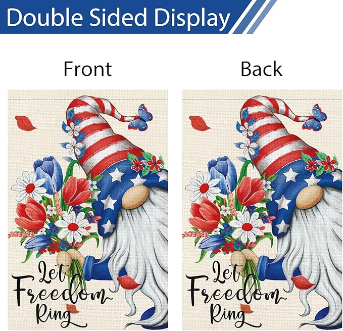 Let Freedom Ring Garden Flag 12x18 Inch Double Sided Burlap, 4th of July Gnome Garden Flags Patriotic Memorial Day Flower Yard Flag for Independence Day Outdoor Decor (ONLY FLAG)