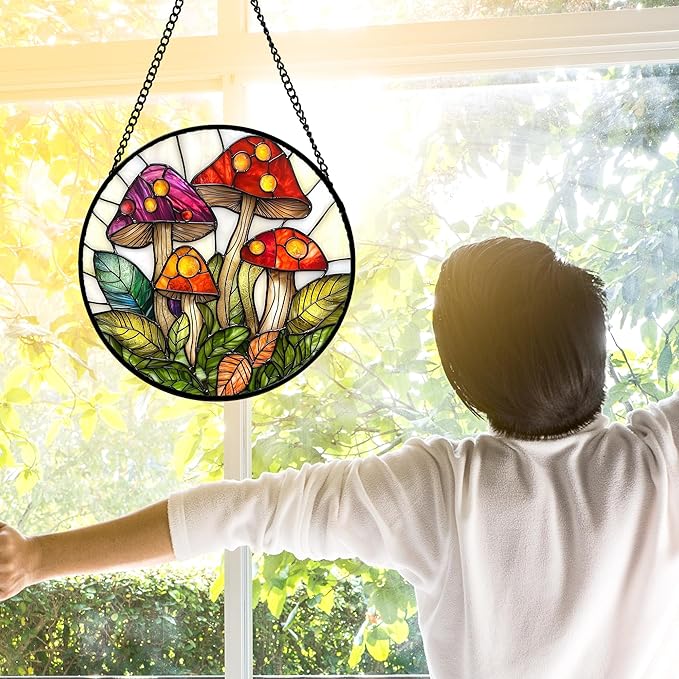 DASTOLL Stained Glass Window Hanging, Mushroom Leaves Suncatcher for Doors Home Sun Catchers Decoration and Christmas, Mother's Day Birthday Gifts for Women, Men, and Mom 11.8x11.8 in