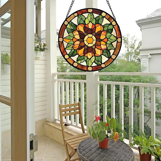 AMDERVEN Stained Glass Window Hanging - Yellow Green Boho Style Flowers Sun Catcher for Door Garden Home Decor Suncatcher Christmas Mother's Day Birthday Gifts for Women Mom Girl Nana Friend 11.8 in