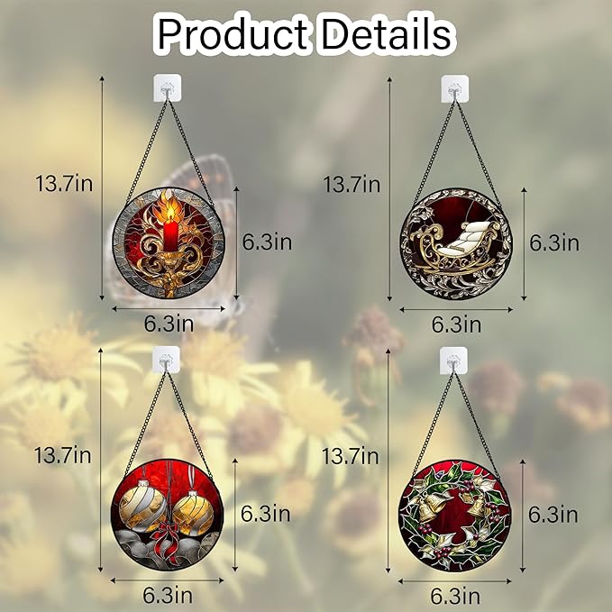 Stained Glass Window Hanging 4 Pcs Set Christmas Golden Bell Sleigh 6.3" - Suncatcher Door Garden Sun Catcher Decor Birthday Mother's Day Xmas Gifts for Mom Woman Nana Men Parents