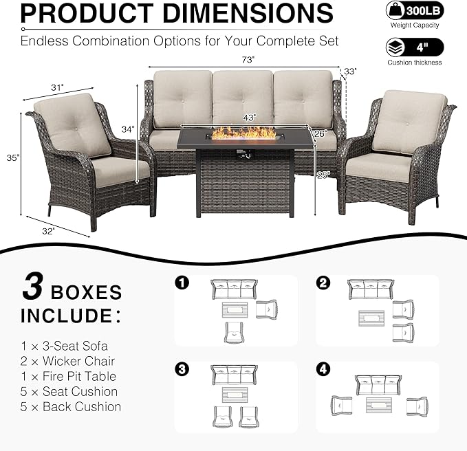 Joyside 4 Piece Wicker Patio Furniture Set with Fire Pit Table, Rattan Patio Chairs with High Back, Deep Seating, Wide Armrest, Thickened Cushions, Outdoor Furniture for Deck, Porch Use