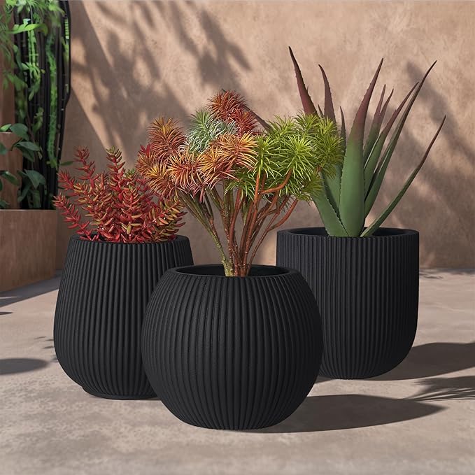 TerraDeco 16 Inch Handmade Concrete Outdoor Planter - Classic Striped Design | Fiberglass & Composite Material | Durable for Commercial & Home Decor