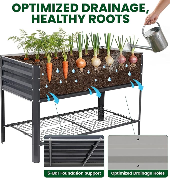 1MORE Elevated Raised Garden Bed with Legs & Storage Rack, 48×24×32in Large Metal Raised Bed for Backyard, Patio. Raised Planter Box with Drainage Holes for Plants Vegetables Flowers Fruits(Grey-1pcs)