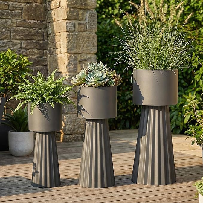 Wennzy Tall Round Flower Pots, Set of 3 Metal Planters for Indoor Outdoor Plants, Large Planter Pot, Planters for Garden Front Porch Patio, 22.83", 26.77", 29.72" H, Dark Gray