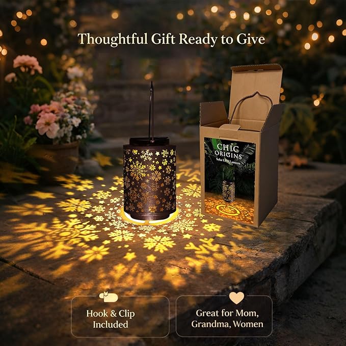 Snowflake Solar Lanterns Outdoor Waterproof, Hanging Metal Copper Lights for Garden, Patio, Porch, Yard, Romantic Valentine’s Gift for Her, Thoughtful Winter Gifts for Mom & Women