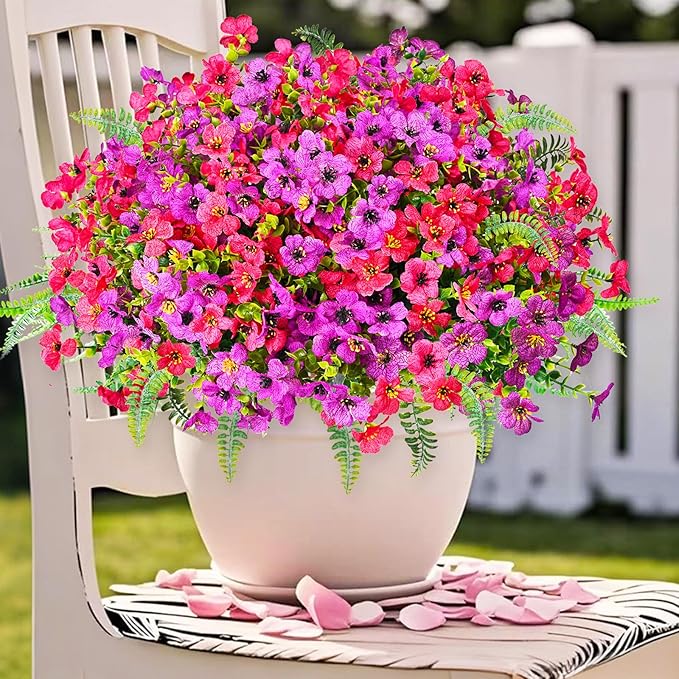 Pinenoya Artificial Faux Plants Flowers Outdoor Decoration,16 Bundles Fake Silk Colorful Daisy Eucalyptus Realistic UV Resistant for Outside Home Planter Porch Patio Yard Decor (Purple Red)