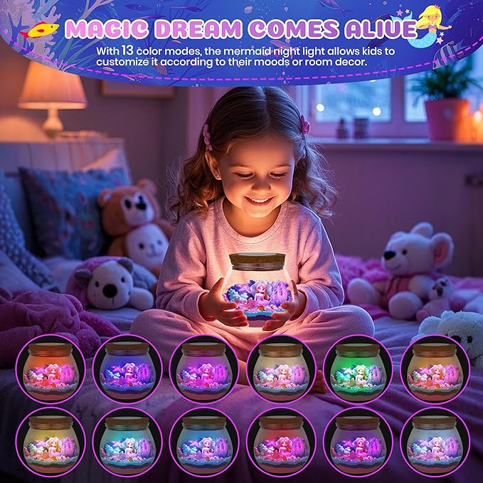 Mermaid Terrarium Crafts Kit for Kids: LED Night Light-Up DIY Toys with Remote – Fun Birthday Gifts for Girls Ages 5 6 7 8 9 10 Years Old – Creative Arts & Crafts Activity Set