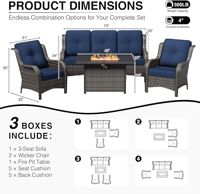 Joyside 4 Piece Wicker Patio Furniture Set with Fire Pit Table, Rattan Patio Chairs with High Back, Deep Seating, Wide Armrest, Thickened Cushions, Outdoor Furniture for Deck, Porch Use