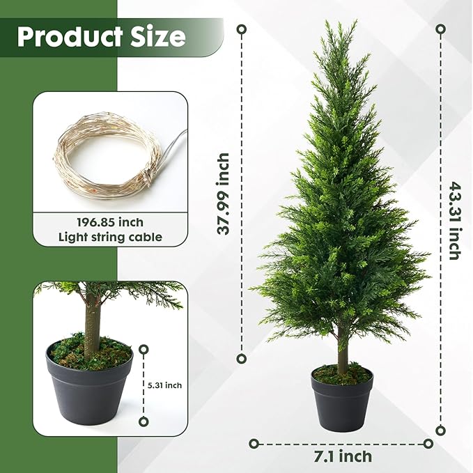 2 Packs of Fake Cypress Plants with Lights, 4FT Artificial Cedar Pruning Tree, with Flowerpot, UV Resistant Artificial shrubs, Suitable for Outdoor and Indoor Front Porch Gardens