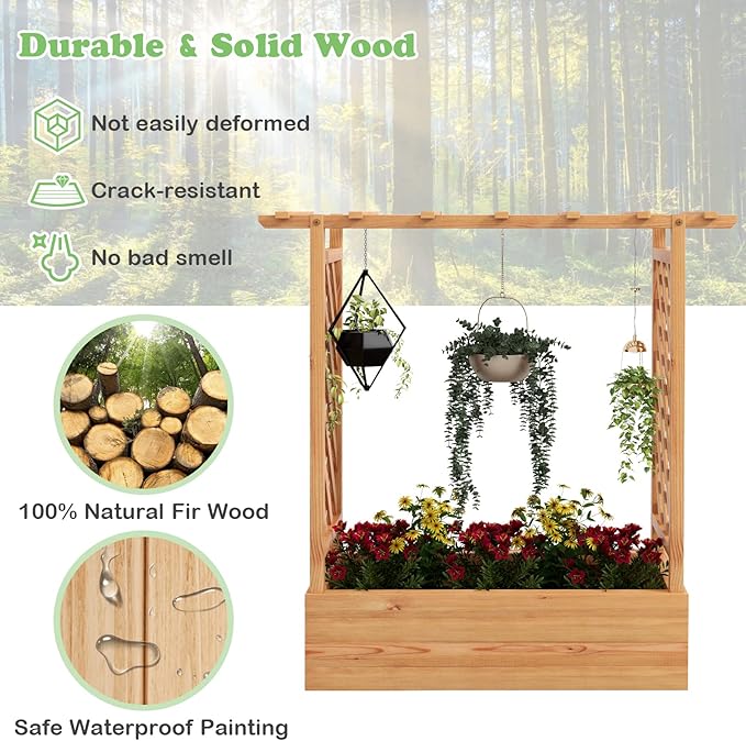 HAPPYGRILL Raised Garden Bed with Trellis, 2 Pack Freestanding Wood Planter Box w/Hanging Roof & 4 Drainage Holes for Vine Climbing Plants Flowers, Outdoor Planter with Trellis for Garden Patio Yard