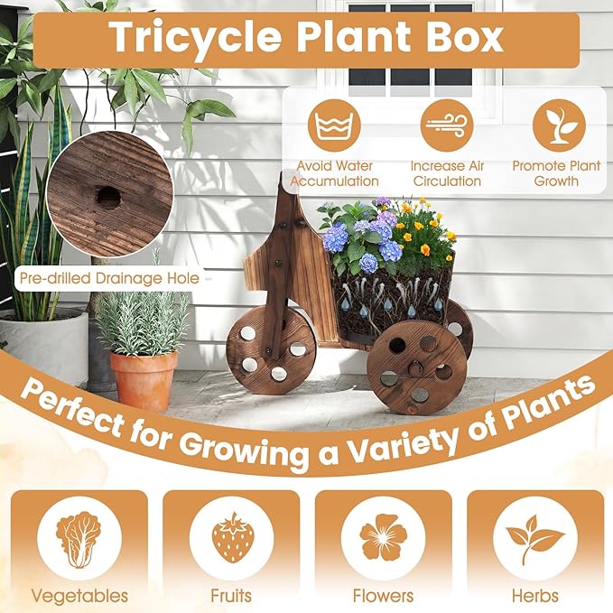 Giantex Wooden Wagon Planter with Wheels, Rustic Wood Plant Stand with 3 Wheels & Drainage Hole for Flowers Herbs Vegetables, Indoor Outdoor Decorative Garden Flower Cart for Patio Backyard (2)