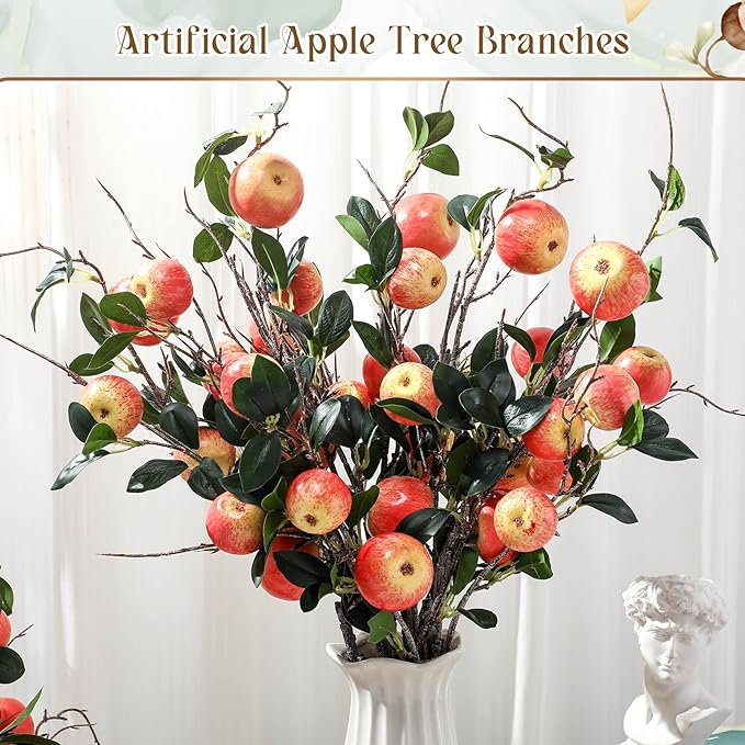 10 Pcs 35.43 Inches Artificial Branches Fake Apple Realistic Tall Apple Bouquets Tree Branch with Long Stem and Green Leaves Fruit Plant for Home Office Vase Filler Shop Decoration