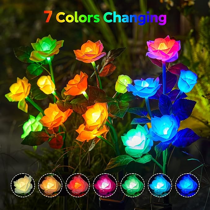 RECHOO Solar Garden Lights Outdoor Decorative, 3 Pack Solar Flower Lights with 15 Rose Flowers, Multi-Color Changing LED Waterproof Garden Decor for Landscape Pathway, Valentine's Day Gifts for Women