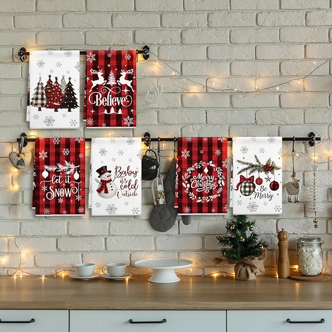 Hahafelt 12 Pcs Holiday Kitchen Towels, 16 x 24 Inch Seasonal Decorative Hand Towels, Valentine St Patrick's Day Easter Dish Decor with Truck Shamrocks Heart Bunny for Kitchen Bath(6 Pcs,Christmas)