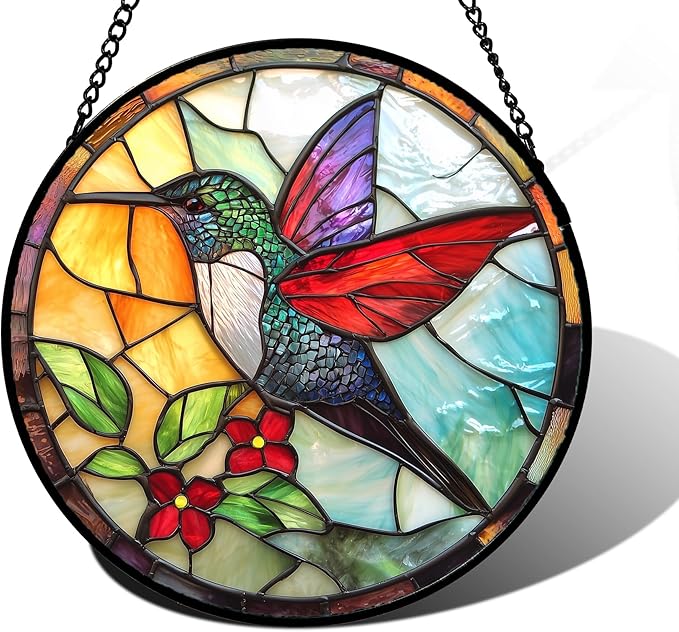Stained Glass Window Hanging, Hummingbird Gifts Sun Catchers Diamond Glass Panel Hangings Birds Suncatcher Decor for Birthday for Women, Men, Wife, Aunt, and Mom 11.8x11.8 in