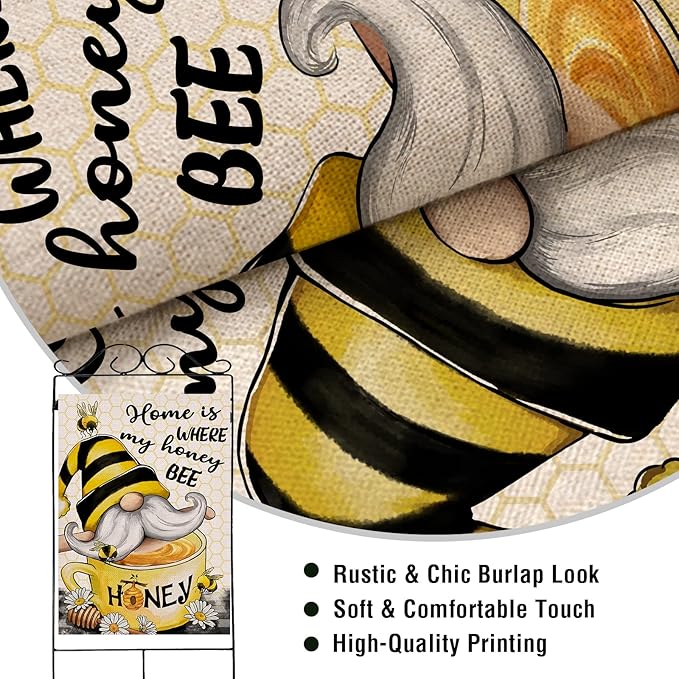 Artofy Home Bumble Bee Gnome Decorative House Flag, Garden Yard Spring Summer Outside Decor, Outdoor Large Burlap Double Sided 28 x 40