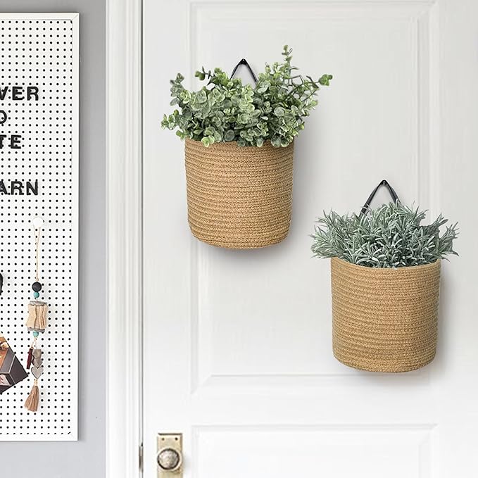 2 Pack Hanging Basket, Small Wall Baskets for Organizing, Wicker Boho Wall Decor Set, Indoor Hanging Plant Holder, Rattan Woven Organizer for Home Decor, Farmhouse Storage Bin, Jute