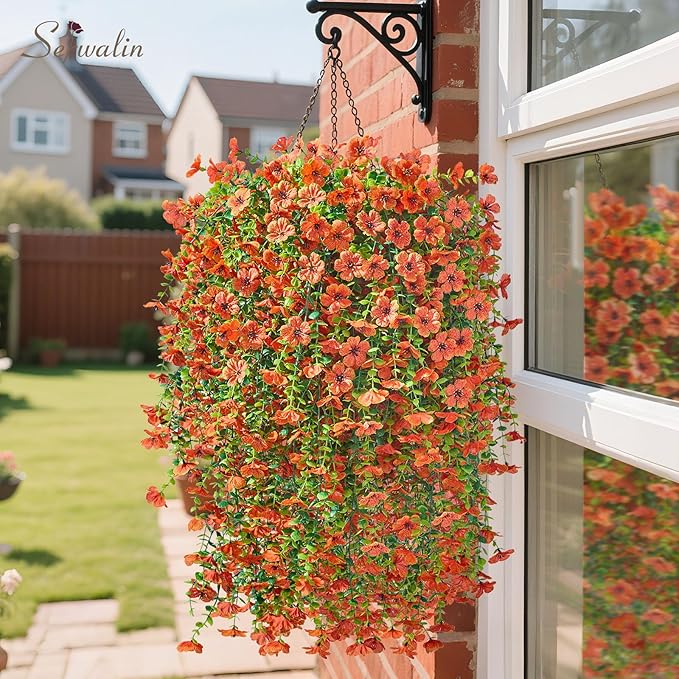 Serwalin 4PCS Artificial Fall Flowers for Outdoors Decoration, Realistic Silk Artificial Fall Hanging Flowers for Patio, Garden, Porch, Window, Outside (Orange,8PCS)