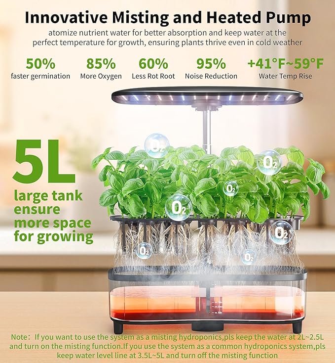 Hydroponics Growing System Kit 15 Pods Misting Herb Garden Indoor Garden Indoor Gardening System 5L Water Capacity 48W Grow Light Gardening Gifts for Women