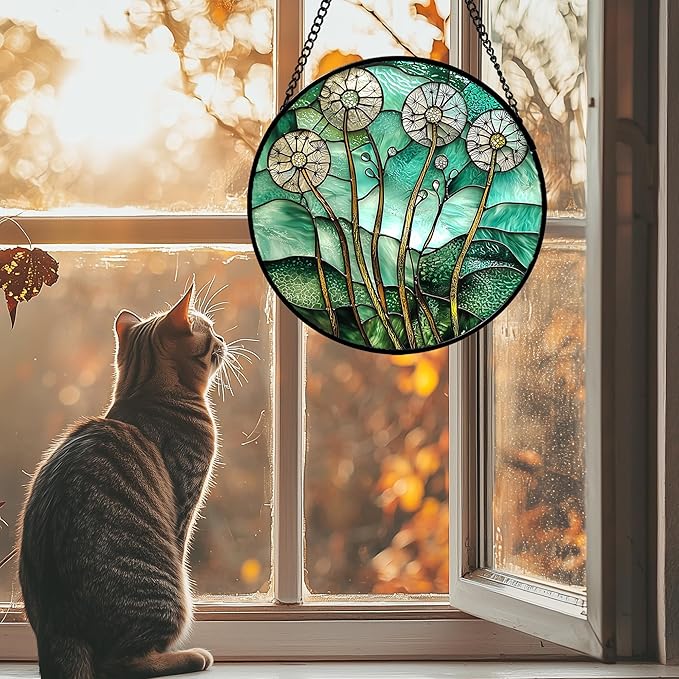 AMDERVEN Stained Glass Window Hanging, Green Abstract Lotus Leaves Tree Sun Catcher for Window Door Home Decor Plant Suncatcher Christmas Mother's Day Birthday Gifts for Women Men Mom Nana 6.3 in