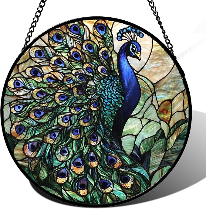 DASTOLL Stained Glass Window Hanging, Blue Green Peacock Decor Suncatcher for Door Garden Home Decoration Bird Sun Catchers Christmas Mother's Day Birthday Gifts for Women Men Mom Nana Friend 7.8 in