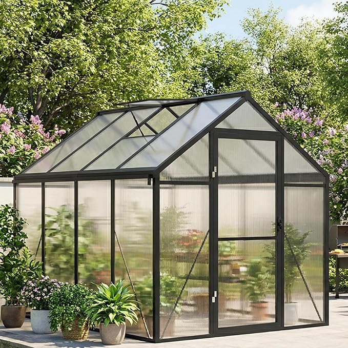 6x8 FT Greenhouse, Polycarbonate Walk-in Greenhouse for Outdoors with Roof Vent & Lockable Outward-Opening Swing Door, Heavy-Duty Aluminum Green House for Garden, Backyard, Patio, Lawn, Dark Grey
