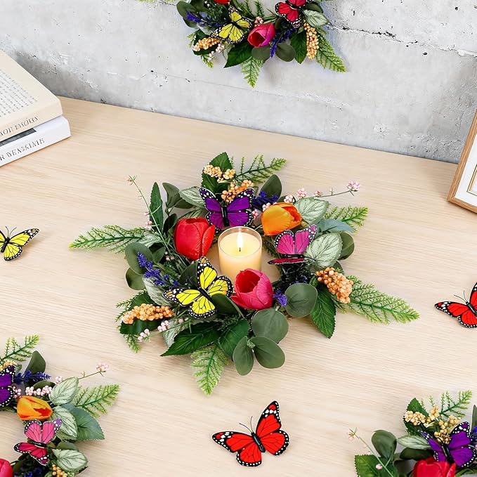 6 PCS Mini Spring Summer Kitchen Cabinet Wreaths Small Butterfly Tulip Lavender Eucalyptus for Front Door with Ribbon Berry Spring Floral Silk Flowers Wreath for Porch Wall Window Farmhouse Decor