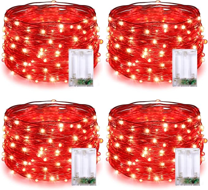 JMEXSUSS 4 Pack 50 LED Red Valentines Day Fairy Lights Battery Operated, 16.1ft Christmas Fairy Lights, Red String Lights for Bedroom Wedding Party Holiday Decorations
