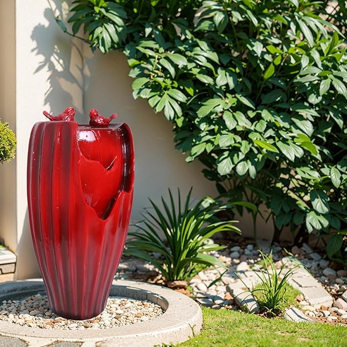 Ferrisland Red Fountain with LED Lights, 20" H Resin Vase Outdoor Freestanding Fountain with Adjustable Water Pump, Outside Garden & Backyard Decking Décor