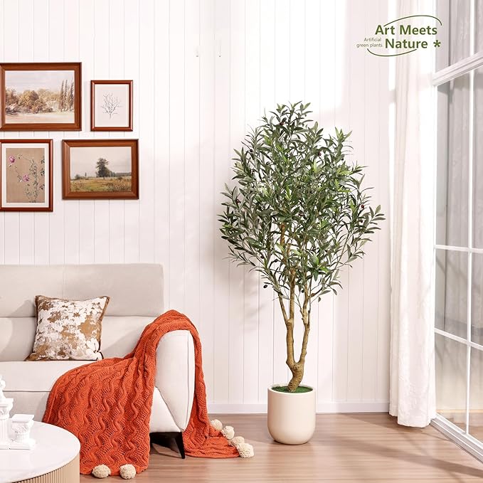 VeriNatural Artificial Olive Tree 6FT Tall, Faux Plants Indoor - Fake Plant with Lifelike Leaves,White Planter - Large Fake Olive Trees for Home Living Room Office Bedroom Floor Decor